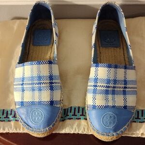 Tory Burch Blue and Cream Plaid Espadrilles